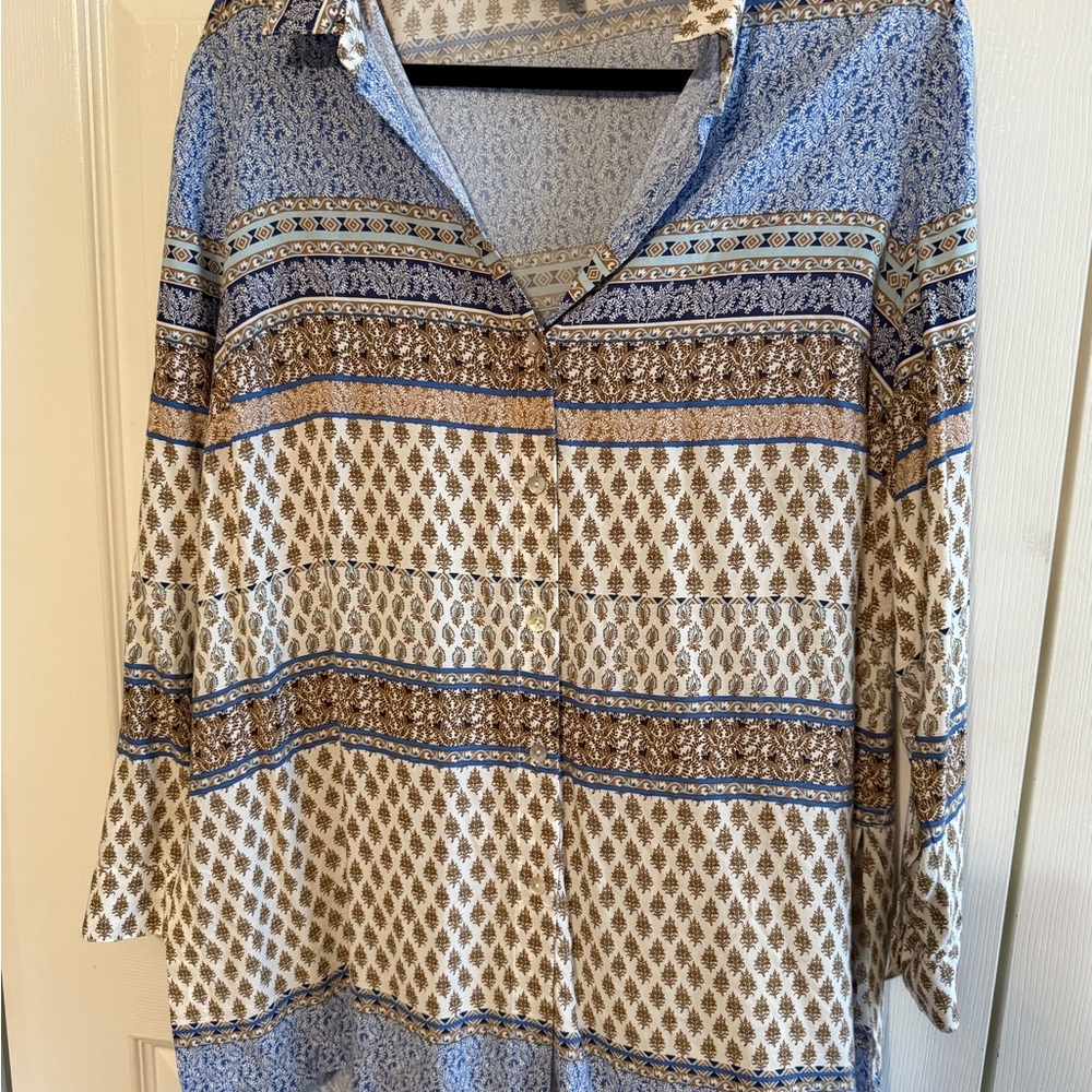 J. Jill Blue and Cream Boxy 3/4 Sleeve Blouse